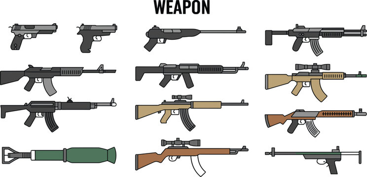 Collection of Various Firearms and a Rocket Launcher Illustration Keywords: weapon, firearm, gun, rifle, pistol, shotgun, machine gun, assault rifle, sniper rifle, rocket launcher