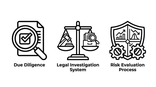 Due diligence and legal investigation process icons with risk evaluation infographics diligence investigation evaluation magnifying document statistics business corporate analysis assessment
