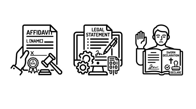 Legal affidavit and digital statement document icons with affidavit statement document testimony evidence declaration computer technology attorney verification business contract clerical