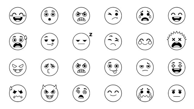 Faces Showing Various Emotions and Expressions in a 6x4 Grid Featuring Cartoon, Illustration, Happy with Sad and Angry Elements