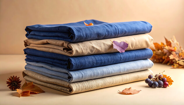 Stack of colorful folded denim jeans.