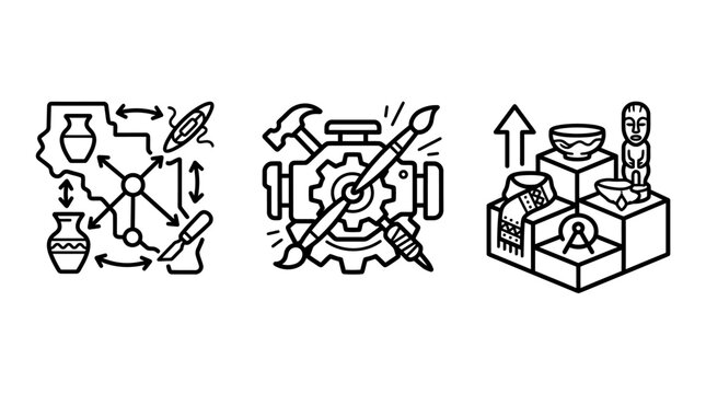 Icons illustrating archaeological research artistic creation museum display with archaeology research creation artifacts illustration discovery artifact exhibition artistic creative analysis