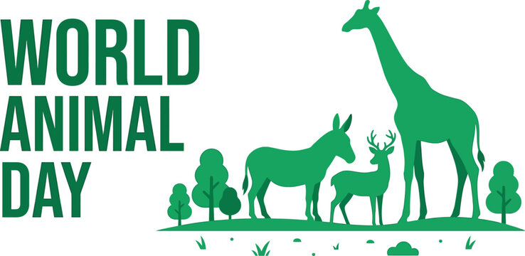 World animal day illustration giraffe deer and donkey with trees and greenery