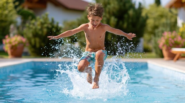 Joyful boy jumps into a backyard swimming pool creating a large splash