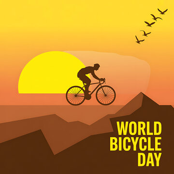 World bicycle day silhouette of cyclist on a mountain at sunset with eco friendly, mountain