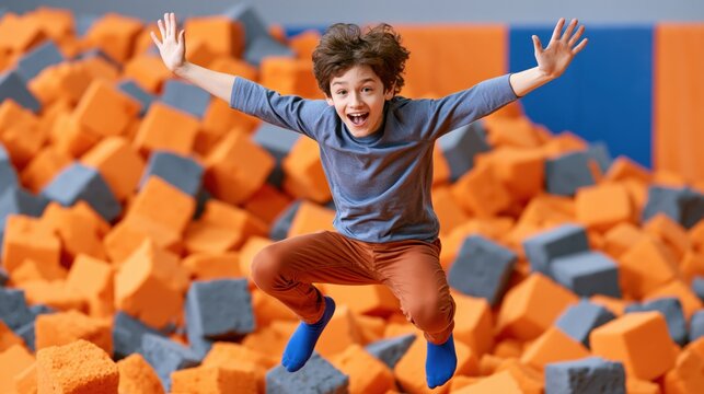 Excited boy jumping into a foam pit at a trampoline park with arms spread wide