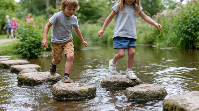 Children happily hopping across uneven stepping stones in a shallow stream during summer