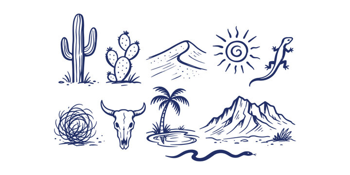 desert landscape element collection hand drawn doodle icon set vector illustration