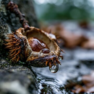 Wet Chestnut Husk with Nut and Water Droplet on a Rock, Autumn