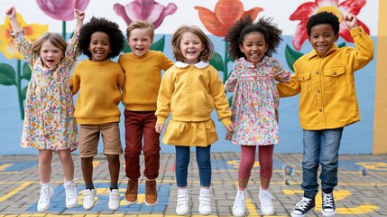 Naklejka premium Diverse group of happy children jumping together in front of a colorful mural