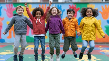 Fototapeta premium Diverse group of happy children jumping together in front of a colorful mural
