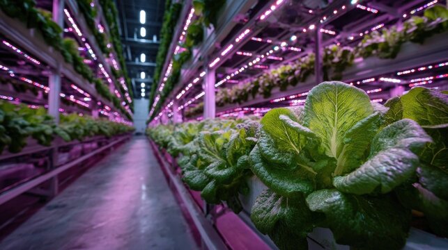 Vertical farming facility interior with glowing purple LED lights and rows of organic lettuce sustainable agriculture technology professional greenhouse scene 