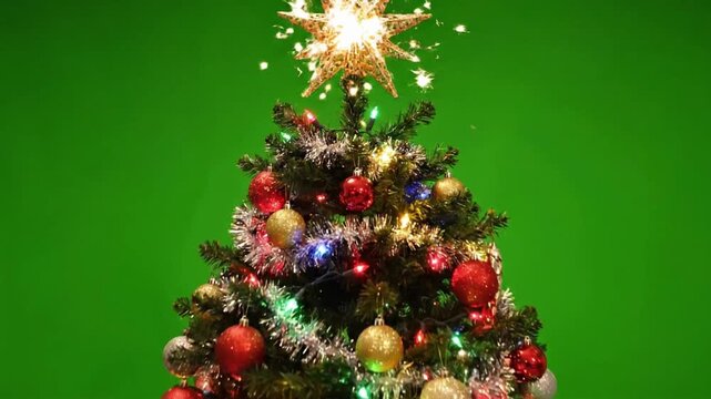 Decorated Christmas tree shown on green screen chroma key background for holiday themes