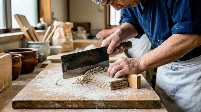 Artisan Preparing Traditional Japanese Noodles on Wooden Board