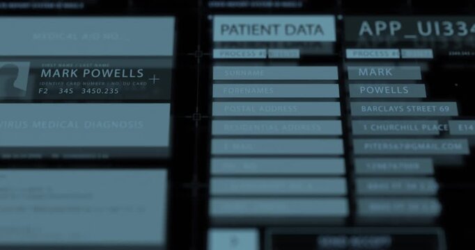 A futuristic medical records interface displays a scanned identity card and patient data fields on a dark blue screen.