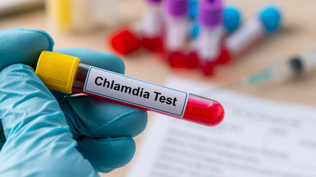 Medical professional holding chlamydia test tube with red liquid sample.