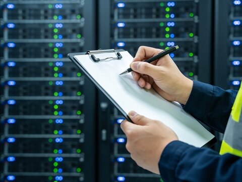 An engineer inspects server racks in a data center, holding a blank clipboard while taking notes.
