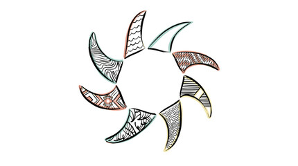 Catch the ocean breeze. Graphic design for beach apparel. Circular shark fin tribal pattern. Hand drawn doodle art illustration. Surfing summer vibe aesthetic. Oceanic decorative round element. © m gusafif