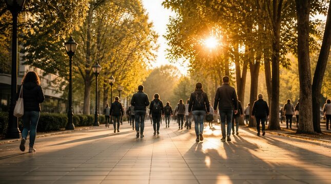 People walk down a golden tree-lined boulevard during a hazy heat wave at sunset.
