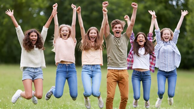Diverse group of teenagers jumping joyfully in a sunny summer field