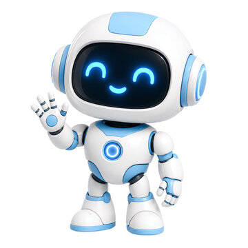 Cute 3D white and blue robot character waving its hand, friendly artificial intelligence assistant for chatbot greeting, isolated on transparent background, mascot technology concept.