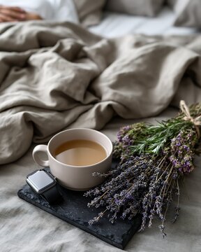 Relaxing Morning with Lavender, Beverage, and Technology in Bed