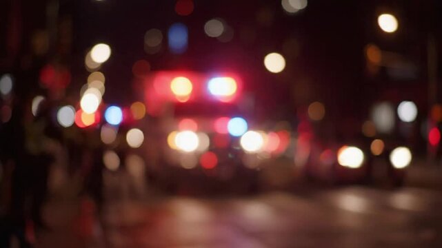 Out of focus bokeh of police and fire lights on city street at night