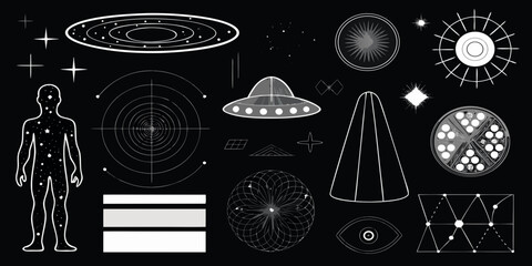 Retro Sci Fi Wireframe Vector Elements On Black Background © Suvro