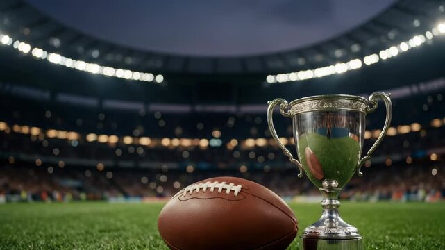 Fans cheer in a large stadium during a football match. A trophy shines in the foreground with a football nearby. The atmosphere is energetic as teams compete for victory