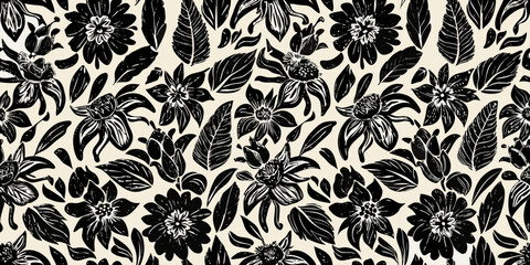 Stylized lilies floral ornament black and white repeating pattern © Suvro
