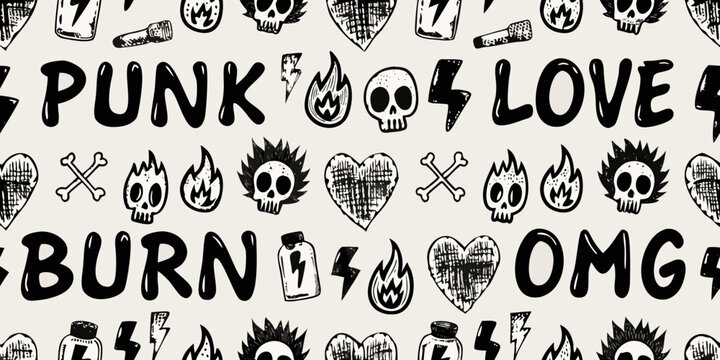 Skull Lightning Bolt And Heart Vector Pattern On Beige Background