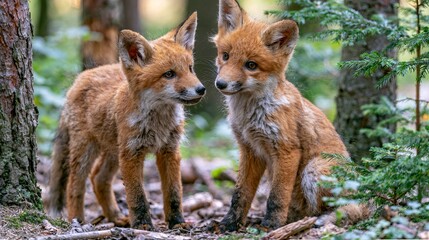 Fototapeta premium Young red foxes play in the forest. These cute wild animals are in their natural home.