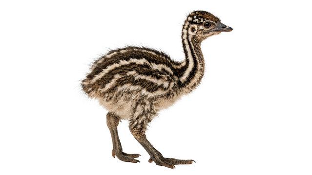 Small fluffy emu chick chick standing looking alert wildlife isolated on transparent background cut out