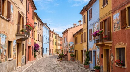 Fototapeta premium Charming Colorful Street with Painted Houses and Flowers