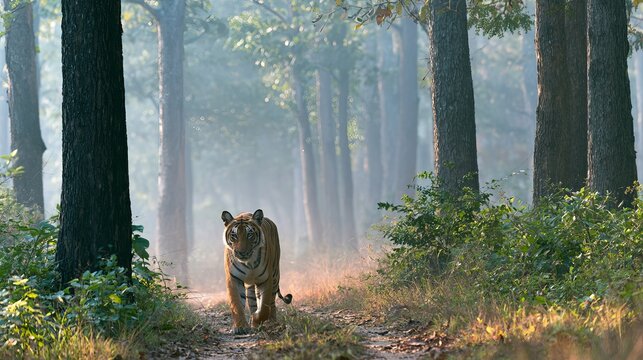 Forest animal in India's woods, while walking, suddenly saw a tiger hunting.