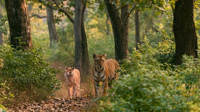 Forest animal in India's woods, while walking, suddenly saw a tiger hunting.