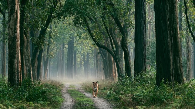 Forest animal in India's woods, while walking, suddenly saw a tiger hunting.