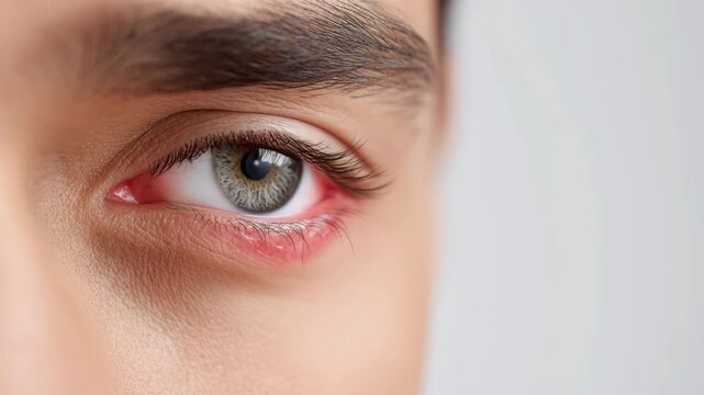 A close-up shot of a person touching their inflamed, red, and irritated lower eyelid with a finger.
