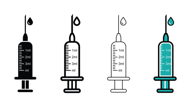 Four syringe illustrations showing different fill levels in black and blue line art on a white background