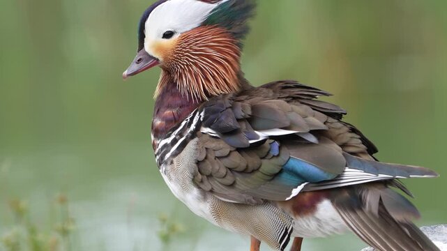Colorful mandarin duck standing beside calm water in a peaceful natural setting.