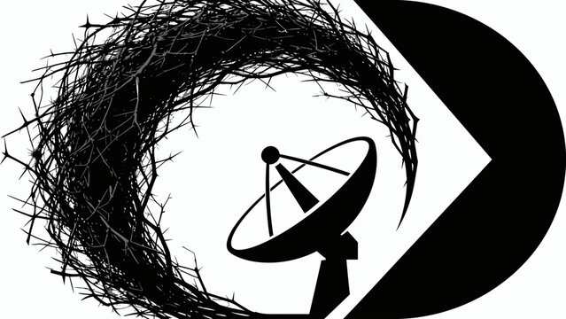 Satellite dish with abstract swirling wire design.