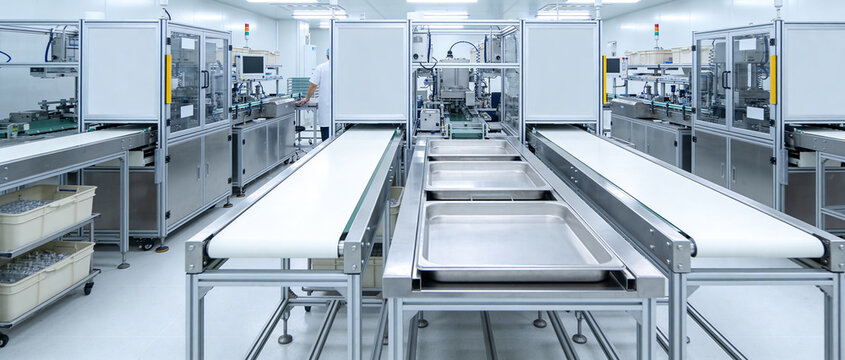Automated production line with conveyor belts and machinery in a clean factory setting