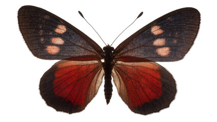 Isolated vibrant red and black butterfly, an exotic winged insect specimen with detailed patterns. © Saoirse