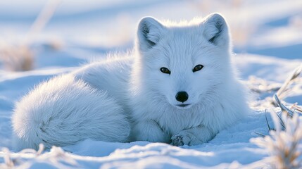 Fototapeta premium Arctic fox rests on snowy ground in winter. It also plays around.