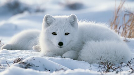 Fototapeta premium Arctic fox rests on snowy ground in winter. It also plays around.