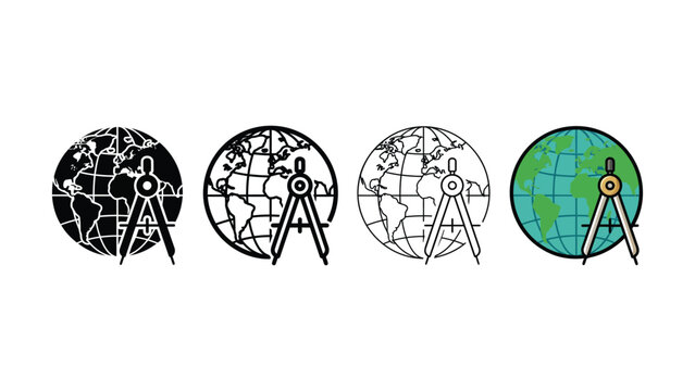 Four variations of a globe with a drafting compass illustration in black and white and color on a white background