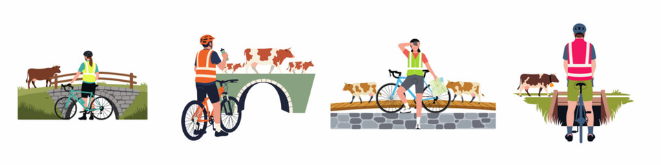 Fototapeta premium Set of flat vector illustrations featuring cyclists exploring the countryside, crossing bridges, and encountering cows in a rural landscape.