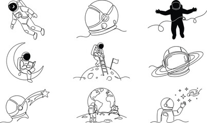 Naklejka premium Astronaut and Space Exploration Collection with Floating Cosmonauts Planets and Cosmic Adventure Illustrations