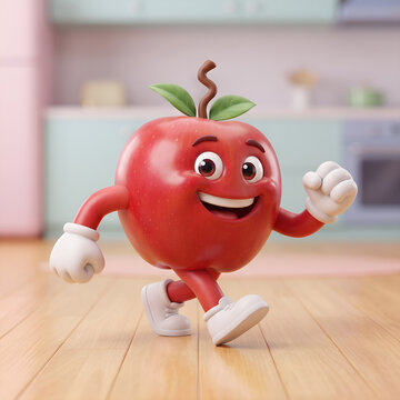 Happy red apple character running. Cute fruit mascot jogging in a bright kitchen setting.