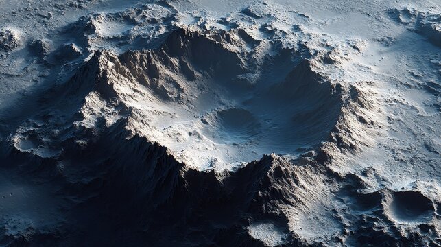 Low poly lunar crater illustration with rugged terrain, rocky textures, gray dusty surface, subtle ridges and craters, stylized 3D game asset with clean geometry and hard edges